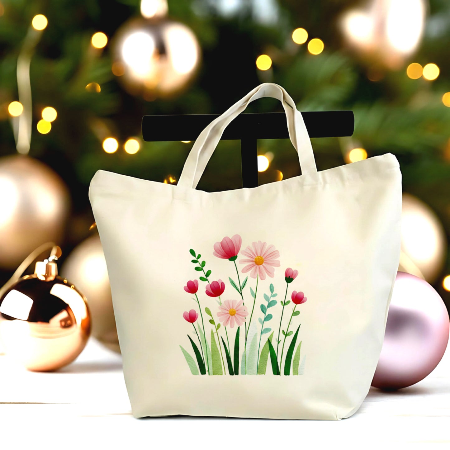 🌸🌿 Floral Garden Tote Bag – Large Canvas Bag with Zipper