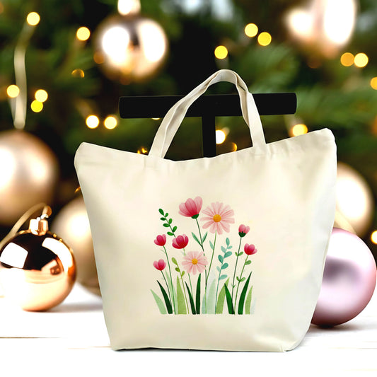 🌸🌿 Floral Garden Tote Bag – Large Canvas Bag with Zipper