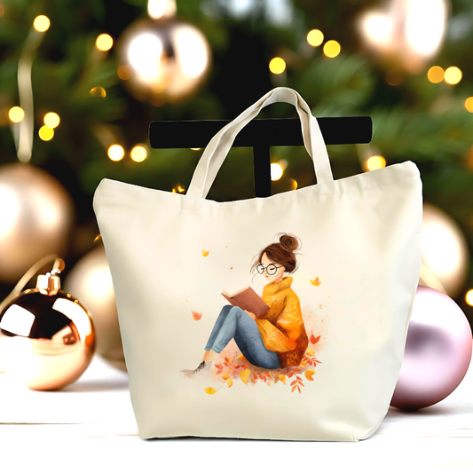 📚🍂 Reading Girl Tote Bag – Adorable Autumn Girl Art on Zippered Canvas Bag
