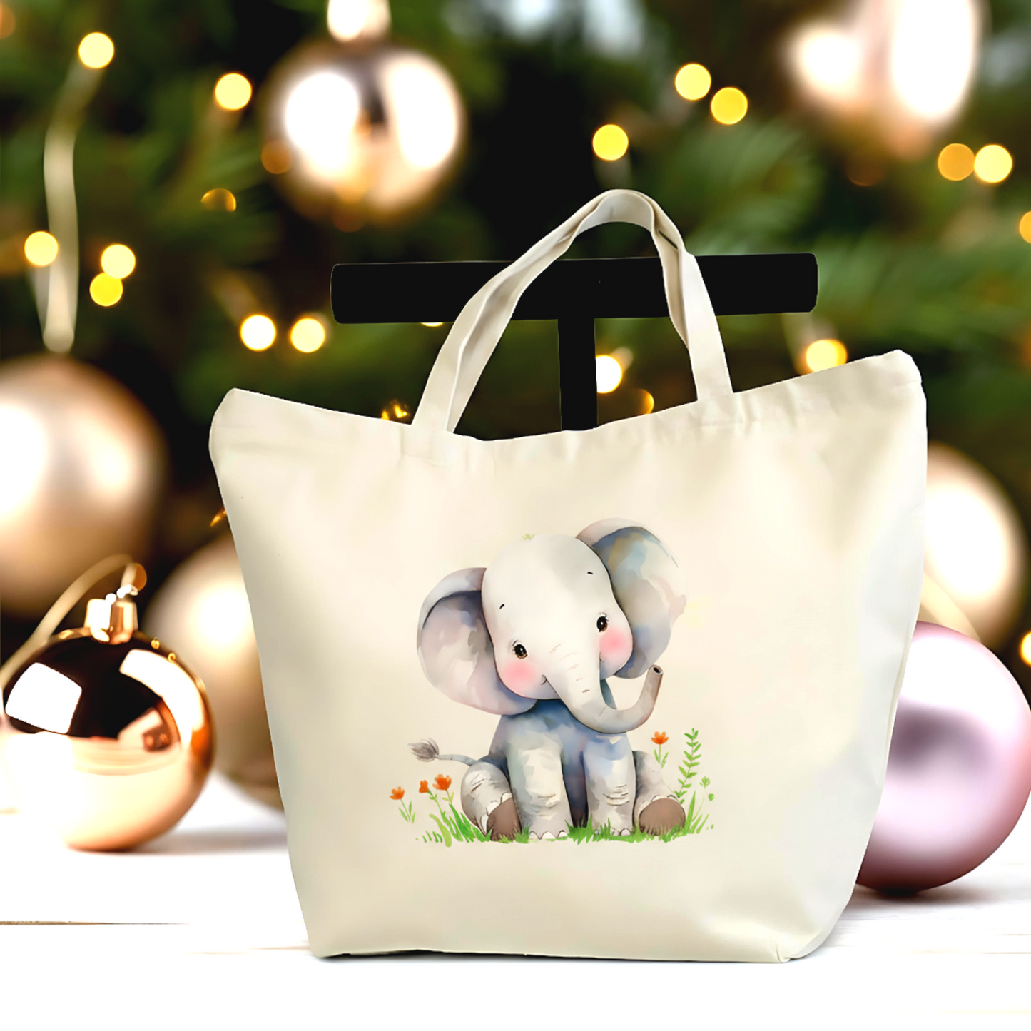 🐘💗 Cuddly Elephant Tote Bag - Large Eco-Friendly Canvas Bag with Zipper