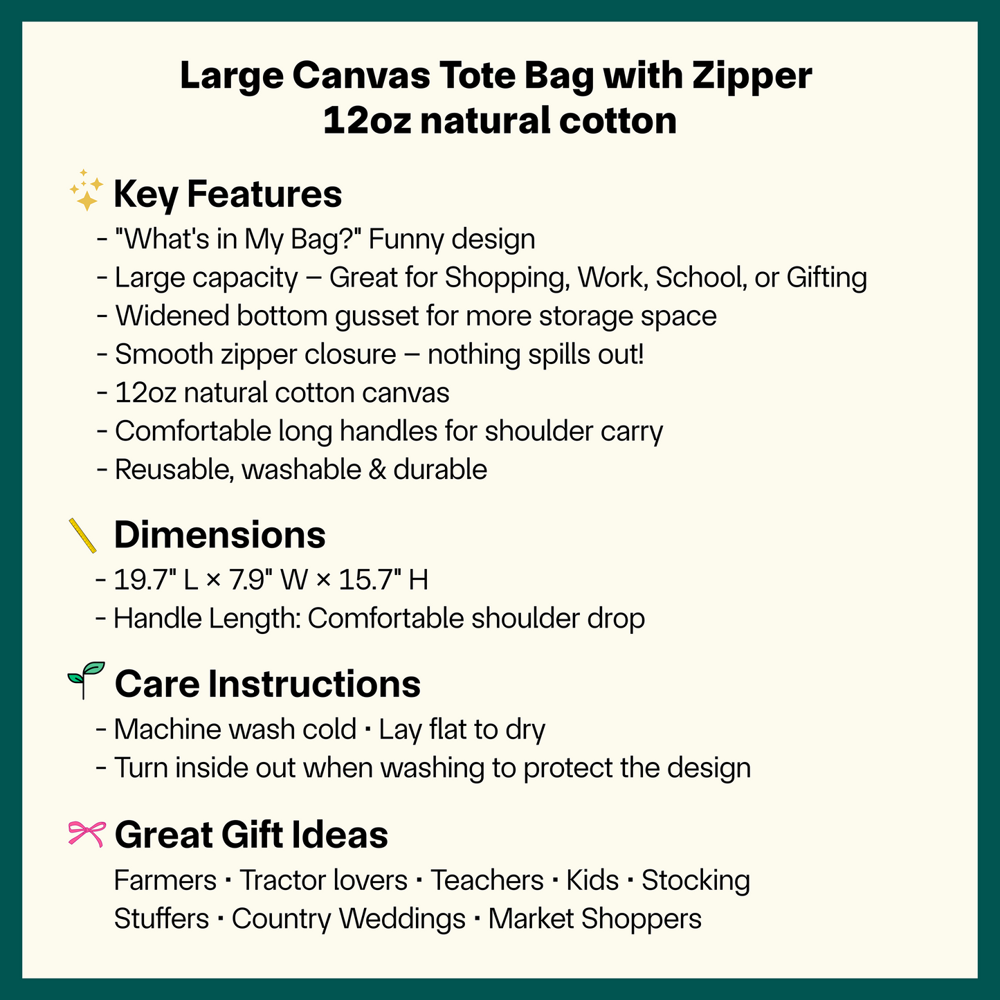 “What’s in My Bag?” Funny Canvas Tote Bag - Large Reusable Zipper Tote