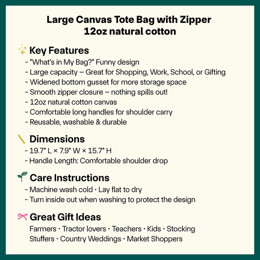 “What’s in My Bag?” Funny Canvas Tote Bag - Large Reusable Zipper Tote
