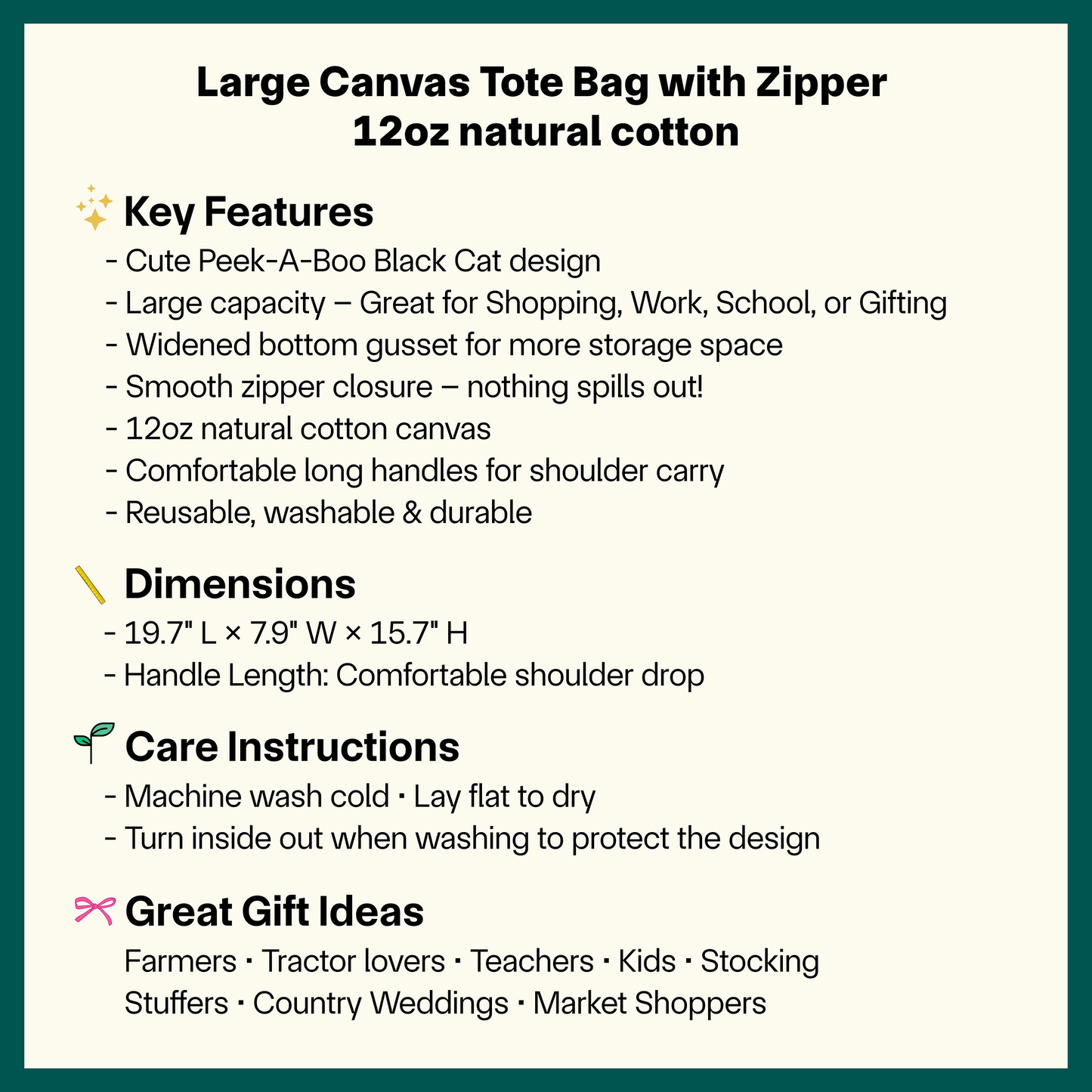 Cute Peek-A-Boo Black Cat Tote Bag - Large Reusable Zipper Tote