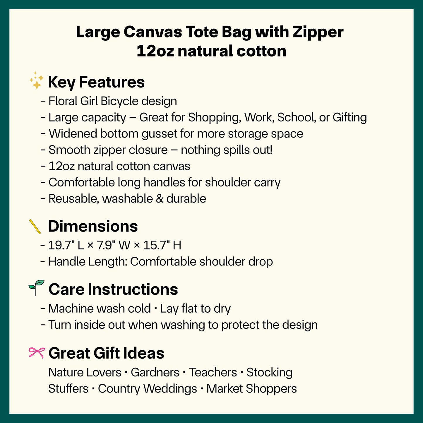 🚲 Floral Girl Bicycle Canvas Tote, Large Reusable Zipper Tote