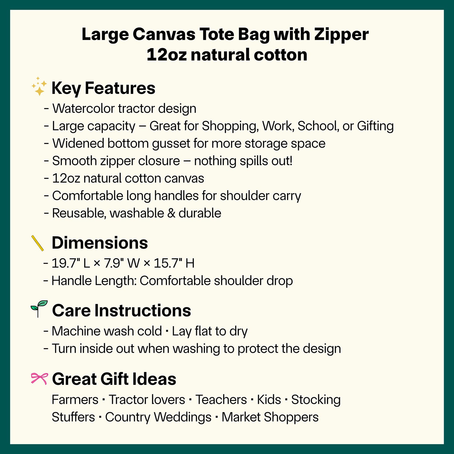 🚜 Tractor Canvas Tote Bag - Large Reusable Zipper Tote