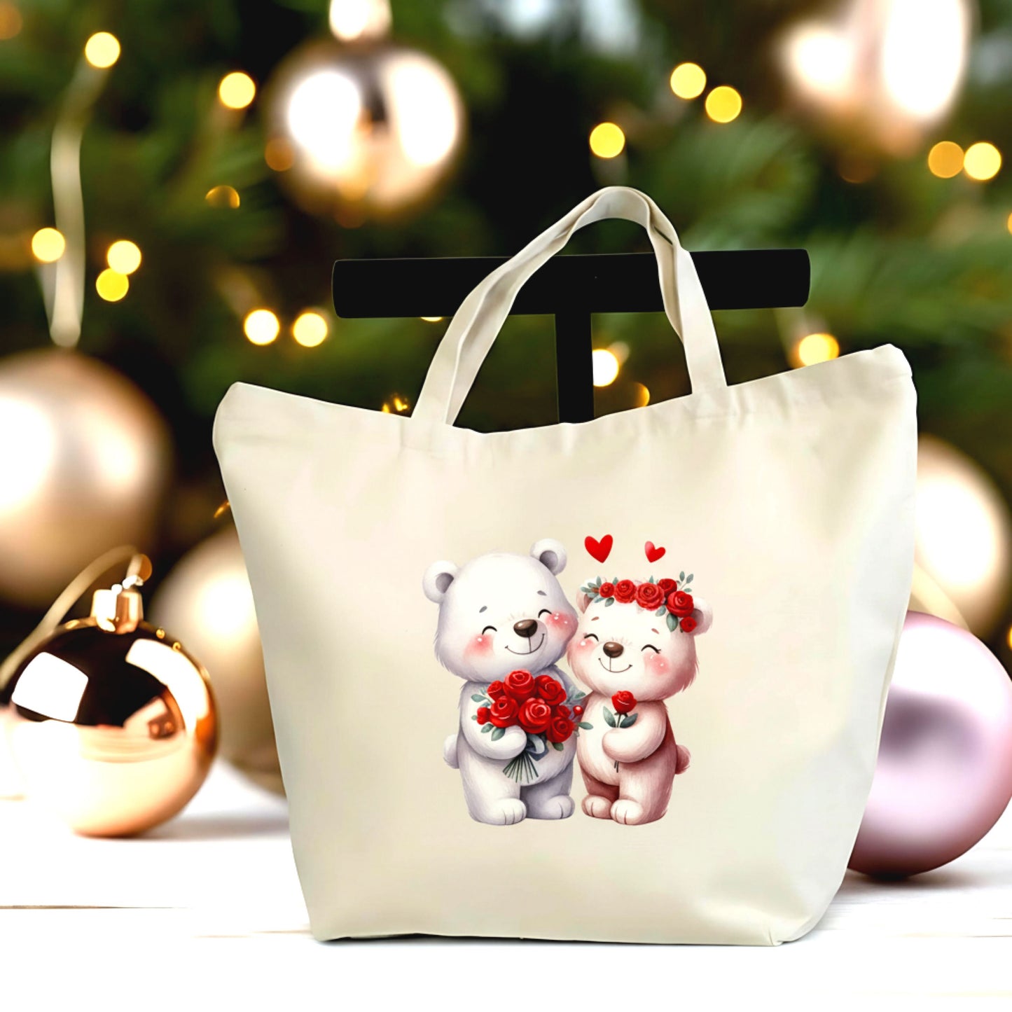 🧸❤️ "Love You Beary Much” Valentine Tote Bag | Cute Bear Couple Canvas Tote