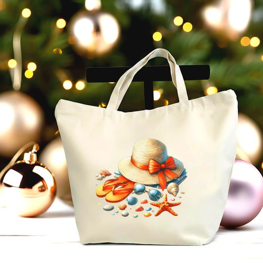🌴✨ Sunny Day Beach Canvas Tote Bag – Summer Essentials Large Zipper Tote