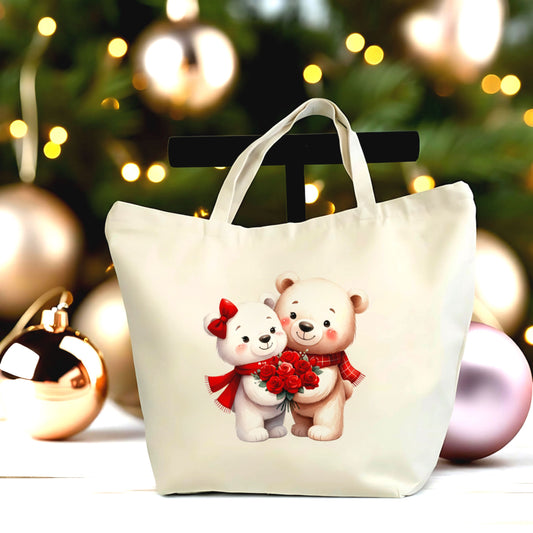 🧸 💕 “Bear Hugs & Heartfelt Love Tote – Adorable Valentine Couple Canvas Bag”