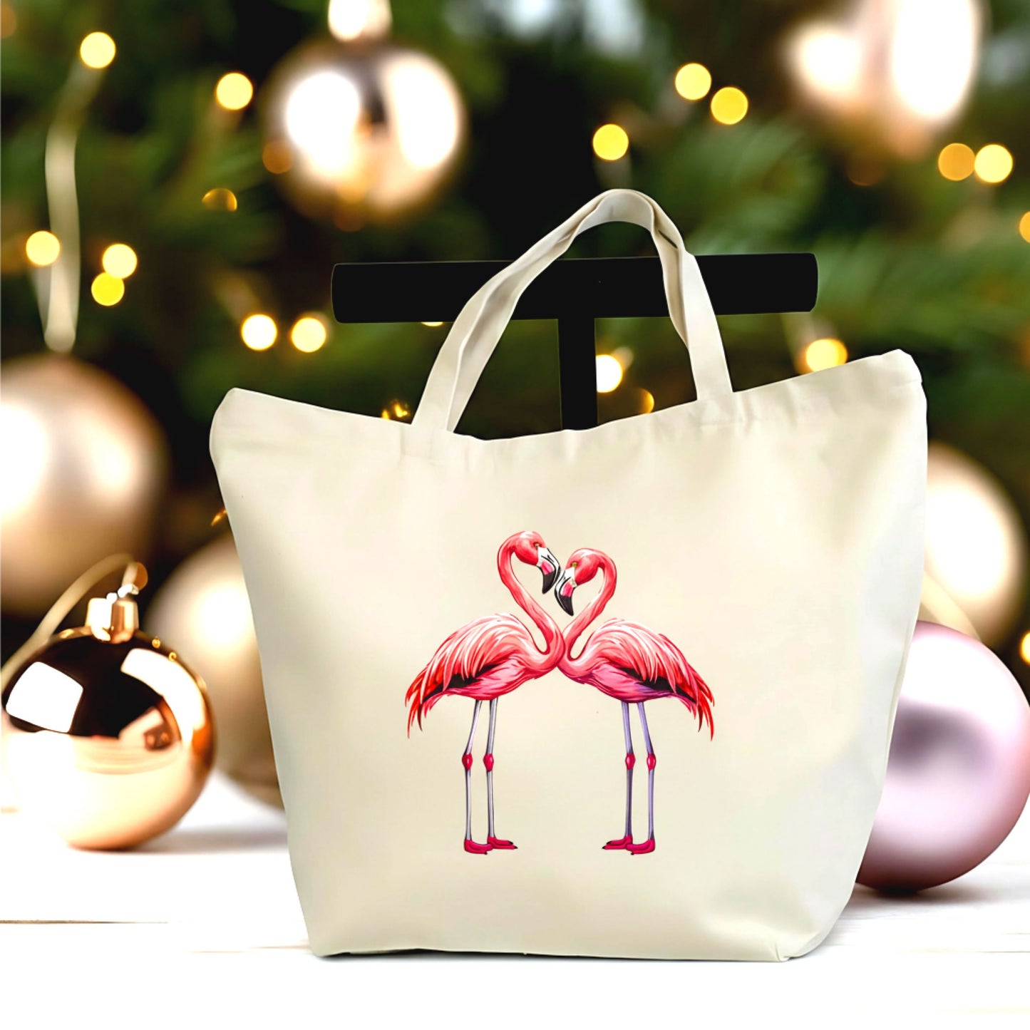 🦩❤️ Flamingo Couple Canvas Tote Bag - Cute Couple Bird Illustration Zipper Tote Bag, Romantic Gift idea
