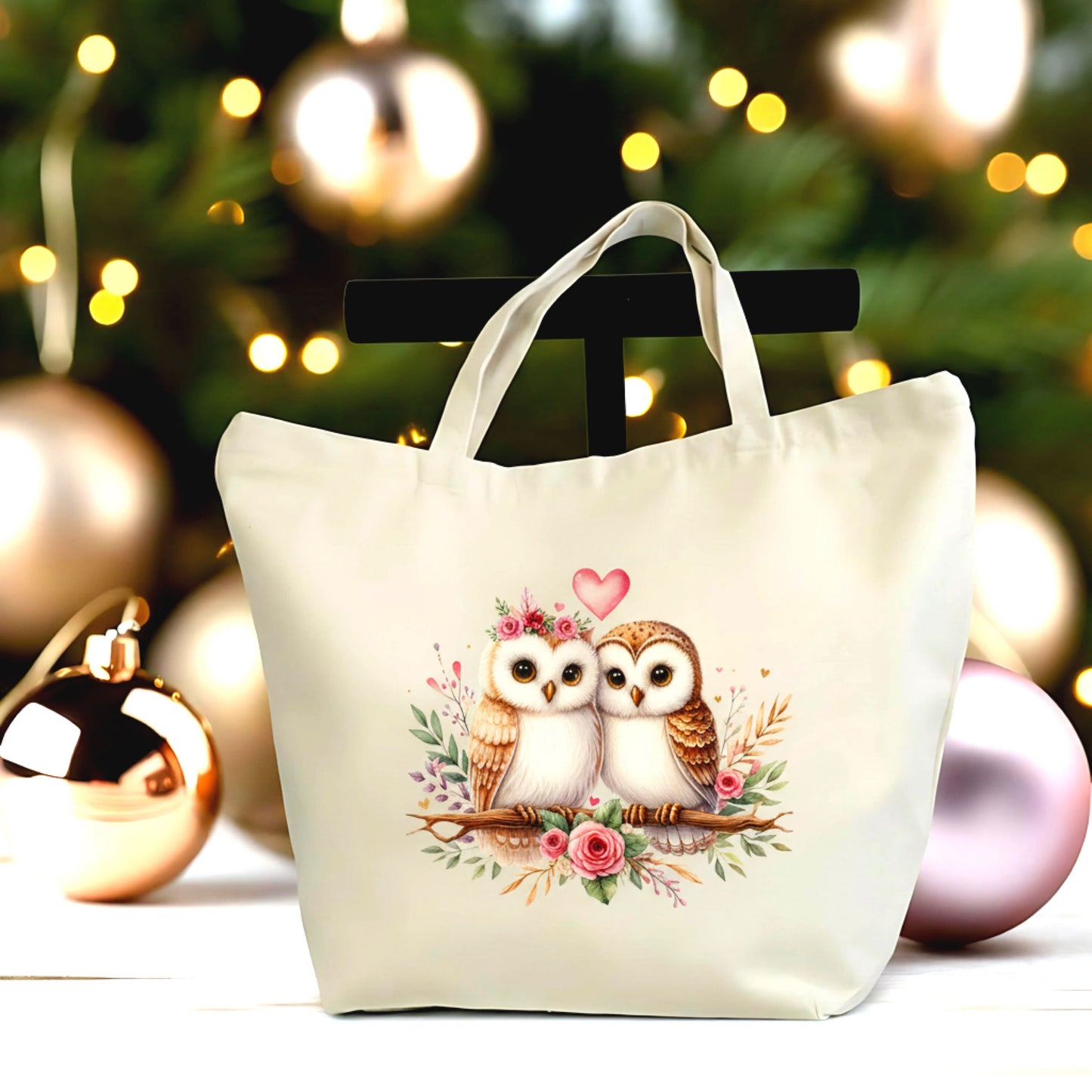 🦉💖 Owl Couple Canvas Tote Bag | Cute Love Owls Canvas Tote with Zipper