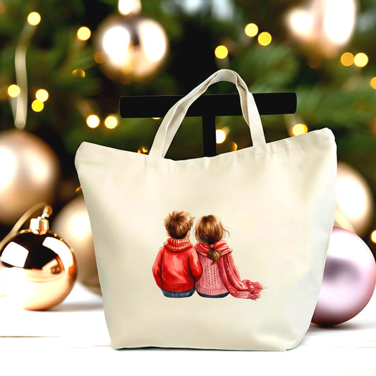 💑❤️ Cozy Couple Romantic Tote Bag | Sweet Love Illustration Canvas Tote with Zipper