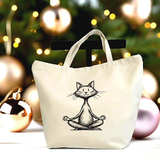 🧘💖 Zen Cat Large Tote Bag | Meditation Cat Canvas Tote