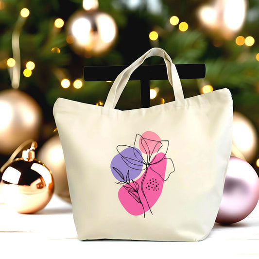 🌼🔒 Modern abstract floral design Tote Bag with Zipper | Eco-Friendly Large Cotton Shoulder Bag
