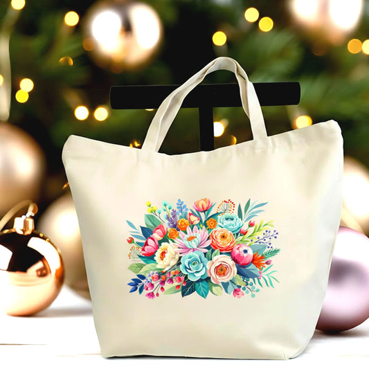 🌸 Pretty Flowers Canvas Tote Bag - Large Reusable Zipper Tote