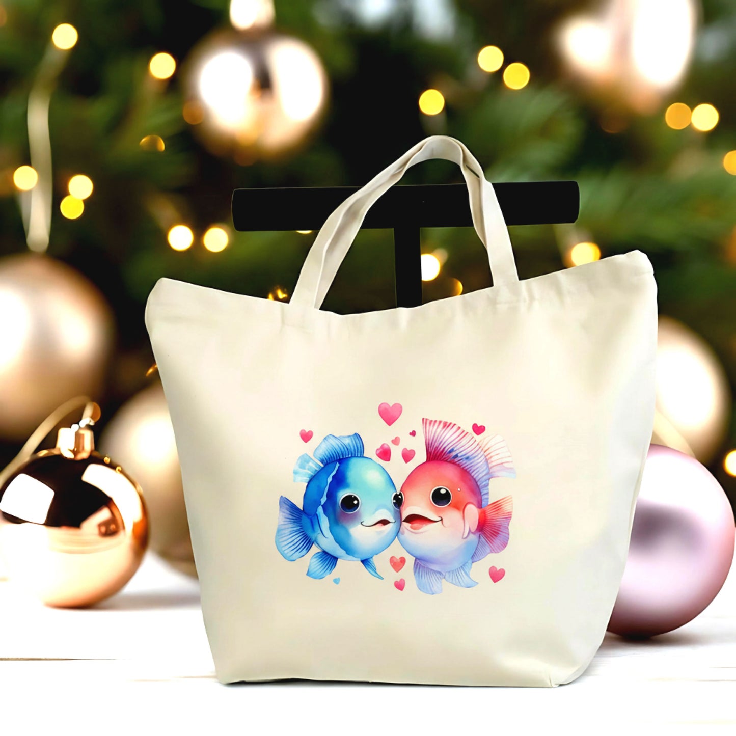 💕🐟 Cute Fish Tote Bag – Love Fish Couple Design | Romantic Reusable Canvas Bag