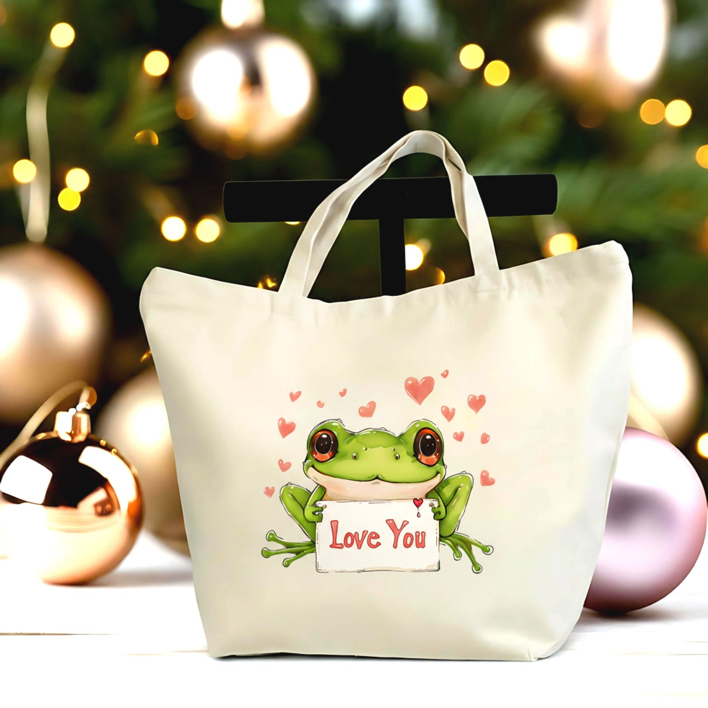 🐸❤️ Cute Frog "Love You" Tote Bag – Romantic Animal Illustration Shopping Bag