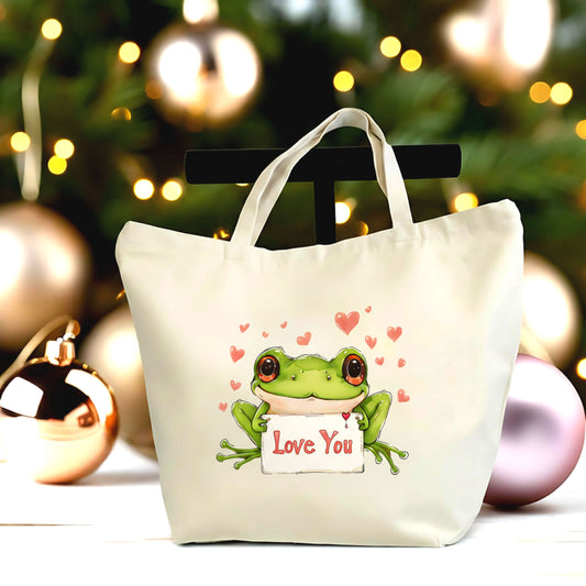 🐸❤️ Cute Frog "Love You" Tote Bag – Romantic Animal Illustration Shopping Bag