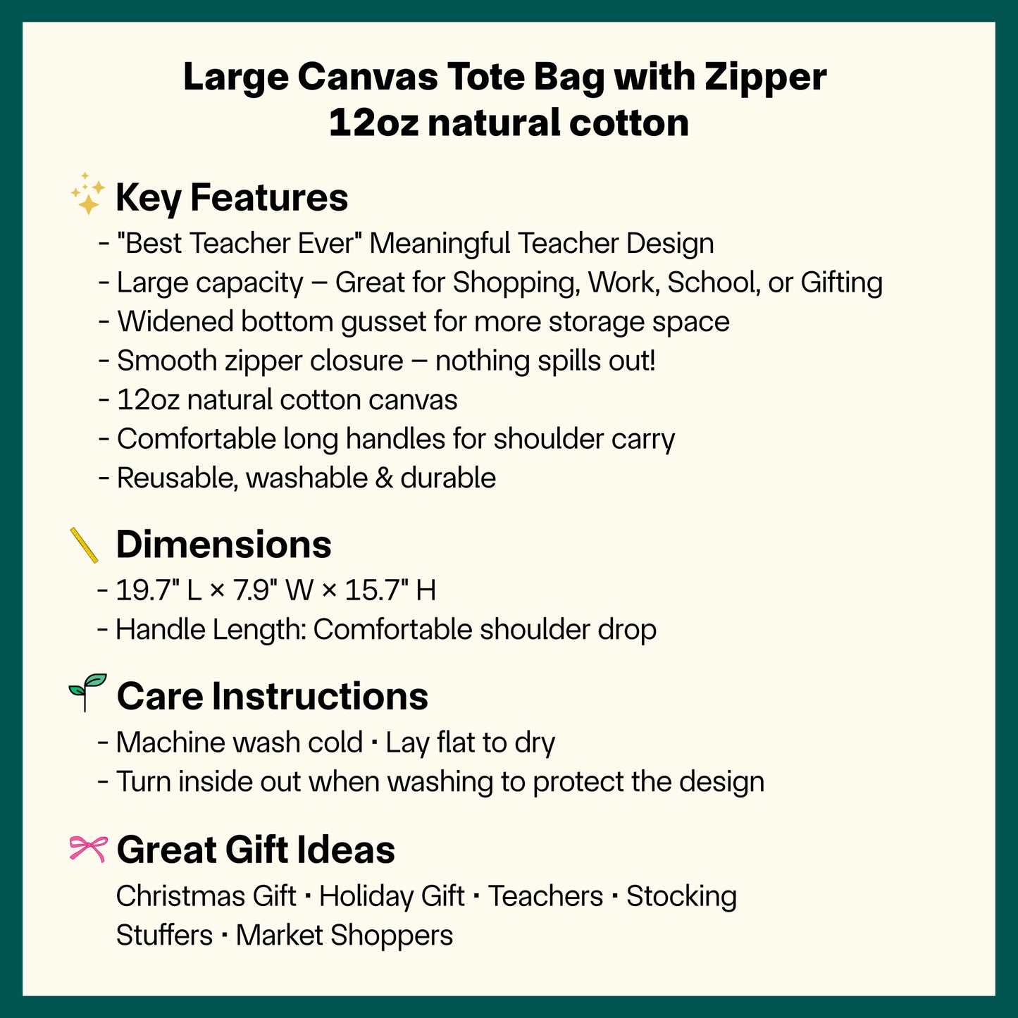 🧑‍🏫 ✏️ "Best Teacher Ever" Canvas Tote Bag – Teacher Appreciation Gift Canvas Bag with Zipper