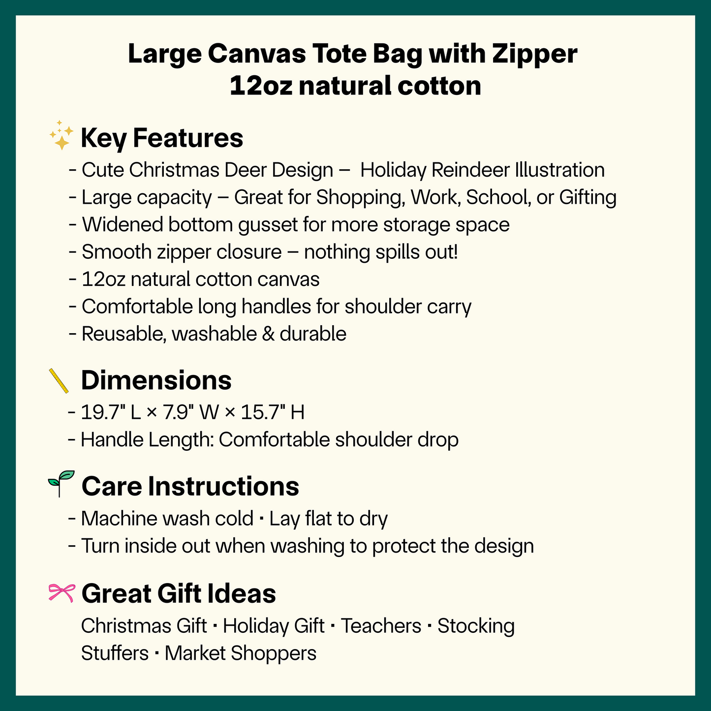 🎄 Christmas Deer Tote Bag – Large Canvas Tote