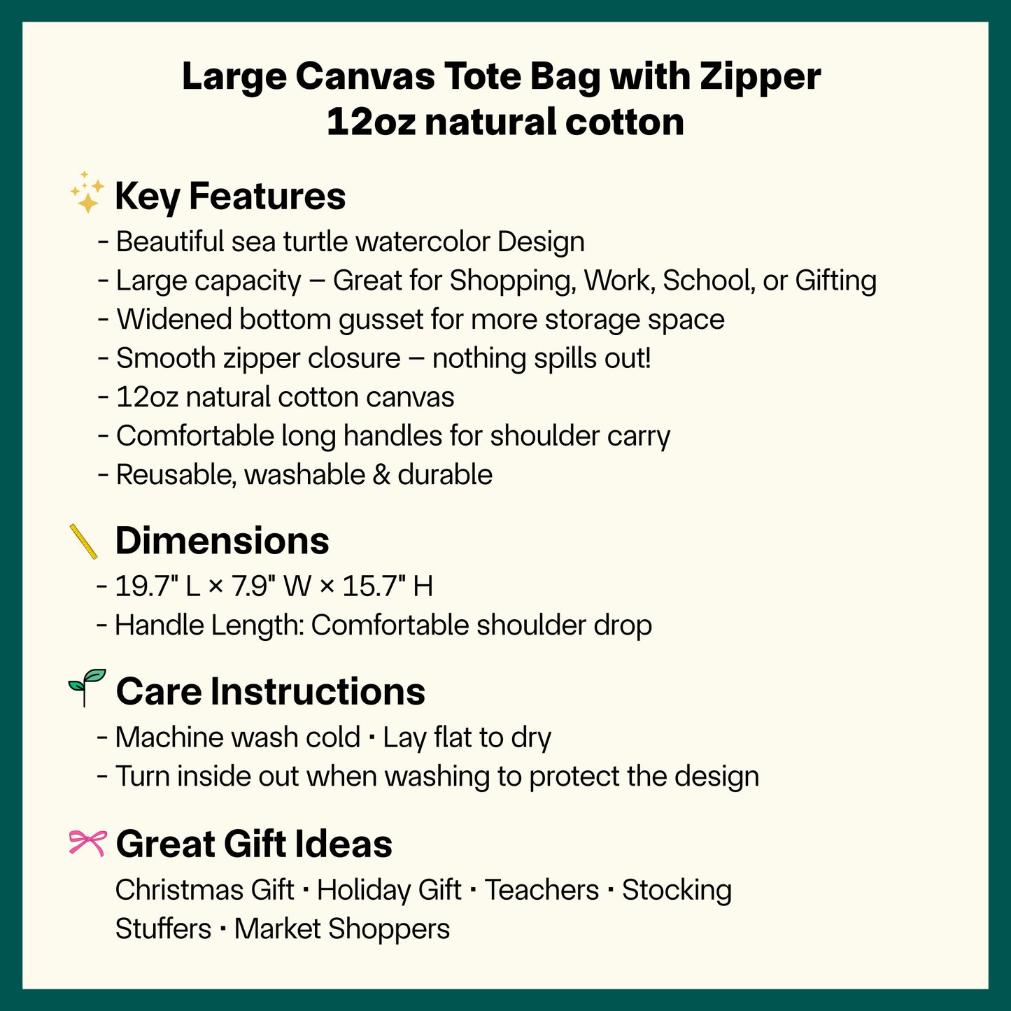 🫧 🐢 Sea Turtle Large Canvas Tote Bag – Eco-Friendly 12oz Cotton, Zippered, Washable & Everyday Use