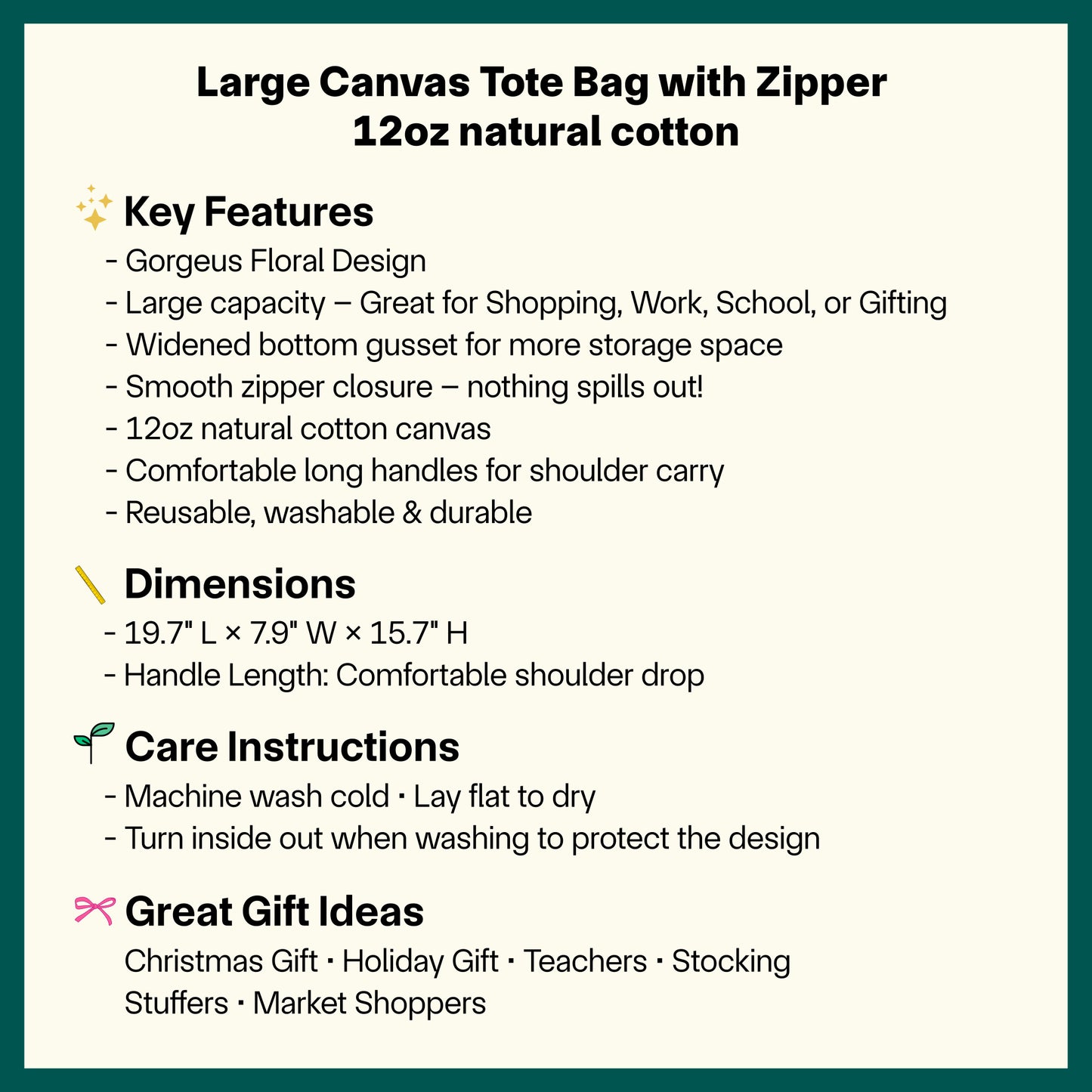 🌺🌿 Gorgeus Floral Canvas Tote Bag - Large Reusable Zipper Tote (Copy)