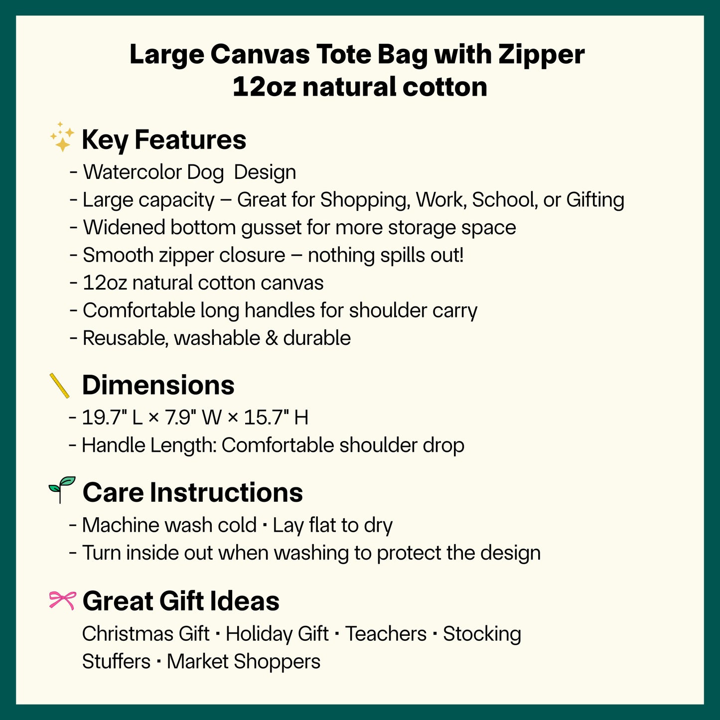 🐶 Watercolor Dog Tote Bag | Large Canvas Zipper Tote for Dog Lovers