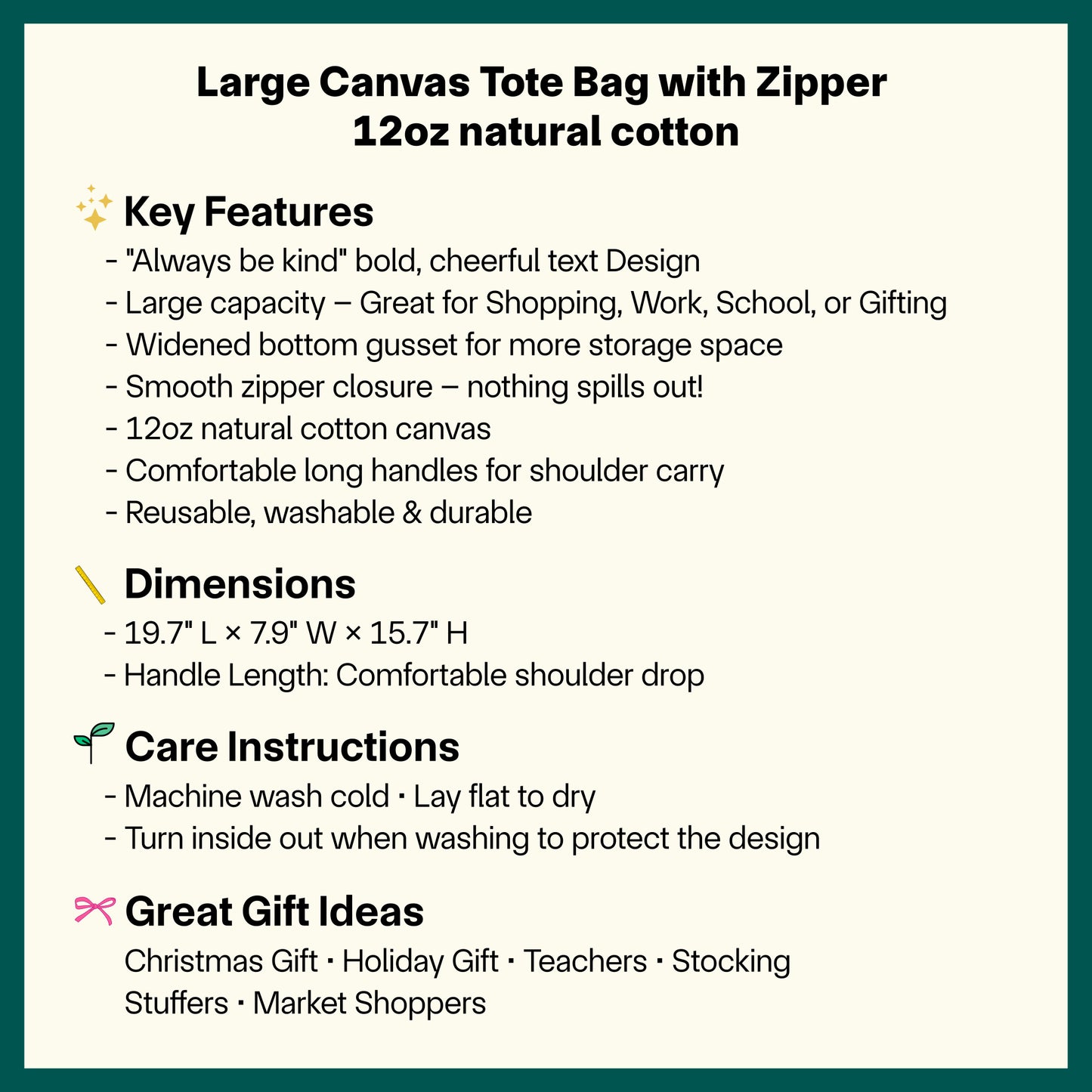 🌈 🔤 "Always Be Kind" Canvas Tote Bag with Zipper | Inspirational Eco-Friendly Cotton Tote