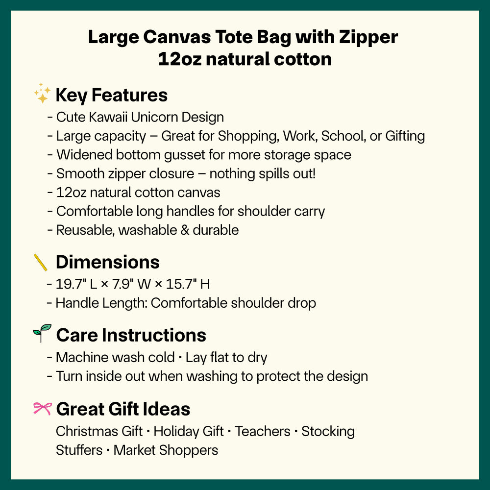 ✨🦄 Cute Kawaii Unicorn Canvas Tote Bag - Large Tote Bag with Zipper