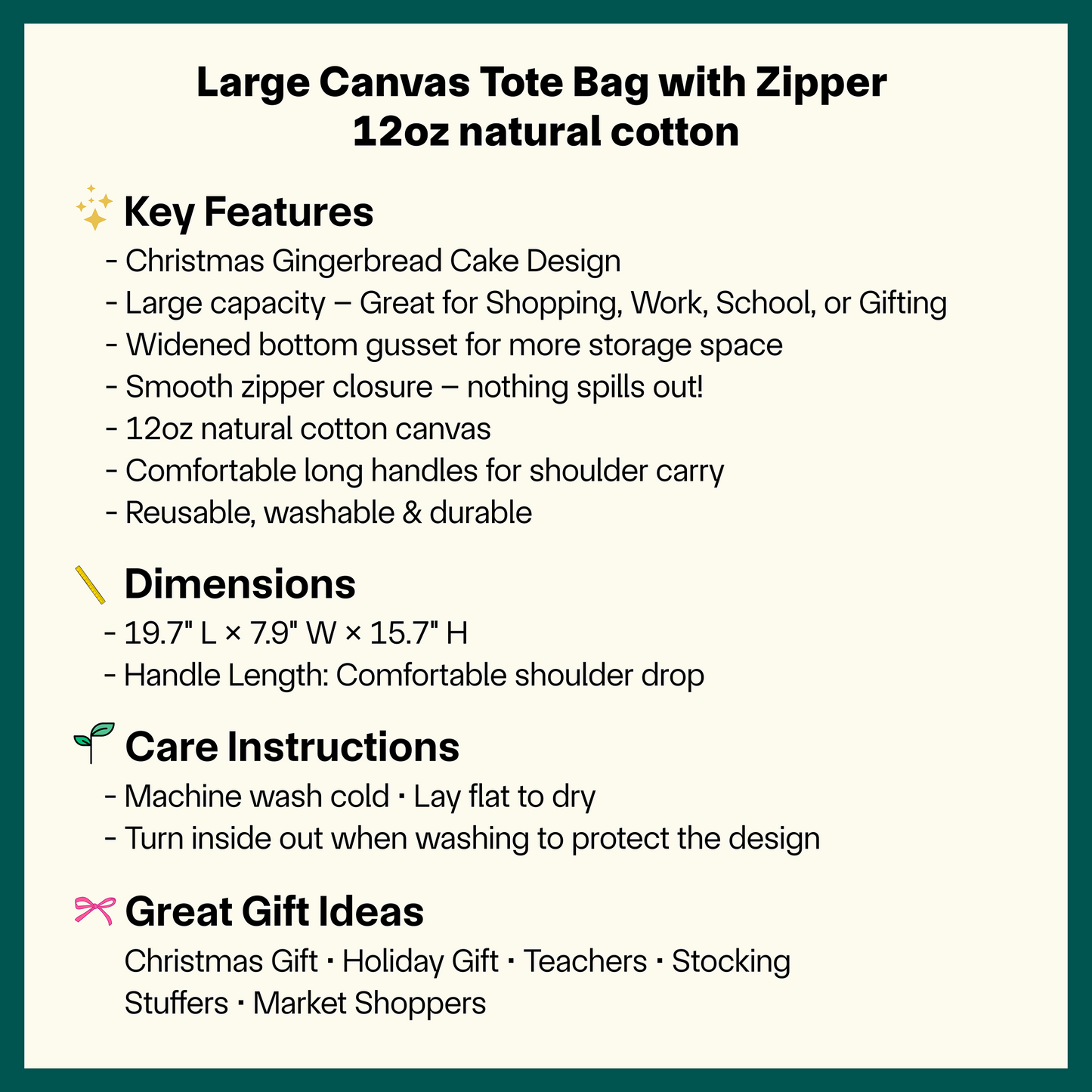 🎄🍰 Gingerbread Cake Christmas Tote Bag - Large Eco-Friendly Canvas Gift Bag