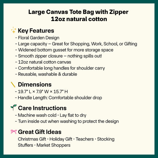 🌸🌿 Floral Garden Tote Bag – Large Canvas Bag with Zipper