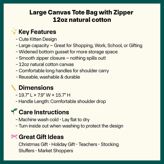🐱 Cute Kitten Tote Bag – Large Canvas Bag with Zipper