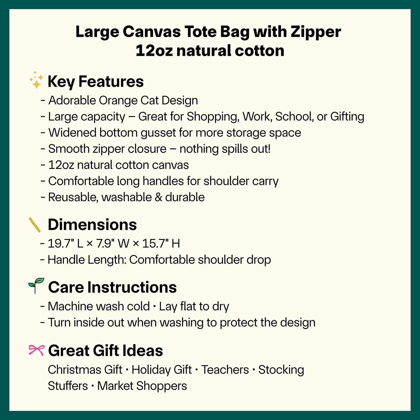 ✨🐱 Adorable Orange Cat Tote Bag – Large Reusable Zipper Tote