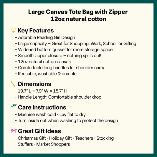 📚🍂 Reading Girl Tote Bag – Adorable Autumn Girl Art on Zippered Canvas Bag