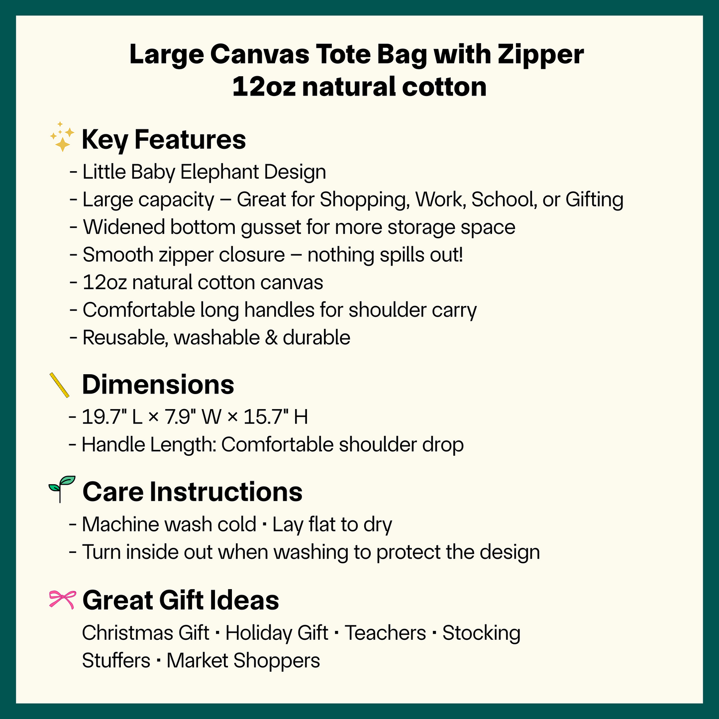 🐘💗 Cuddly Elephant Tote Bag - Large Eco-Friendly Canvas Bag with Zipper