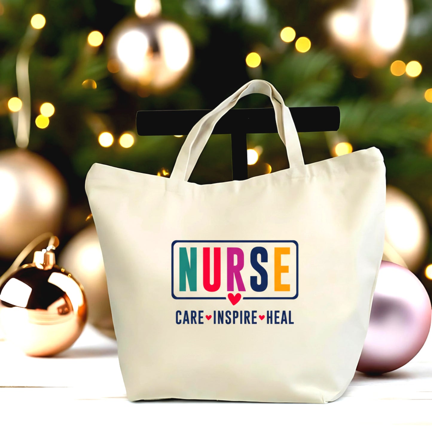 Nurse Appreciation Tote Bag – Care Inspire Heal Canvas Tote – Medical Professional Gift – Large Nurse Shopper