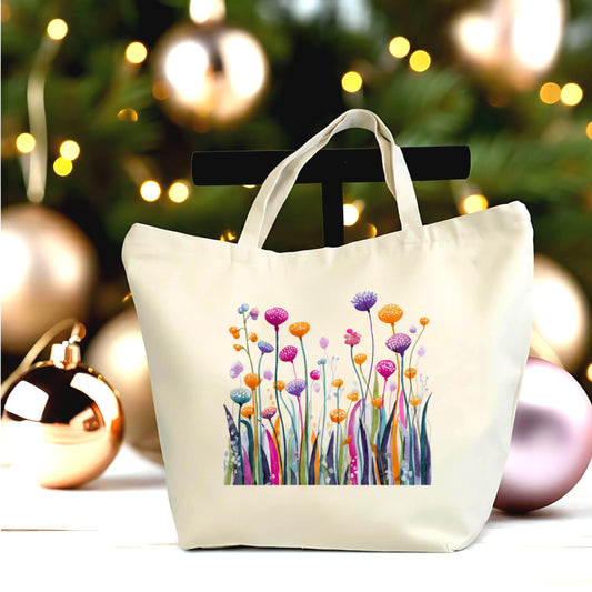 🌼🌸 Colorful Wildflower Canvas Tote Bag – Floral Art Large Tote | Nature Inspired Reusable Shopping Bag | Aesthetic Everyday Carry