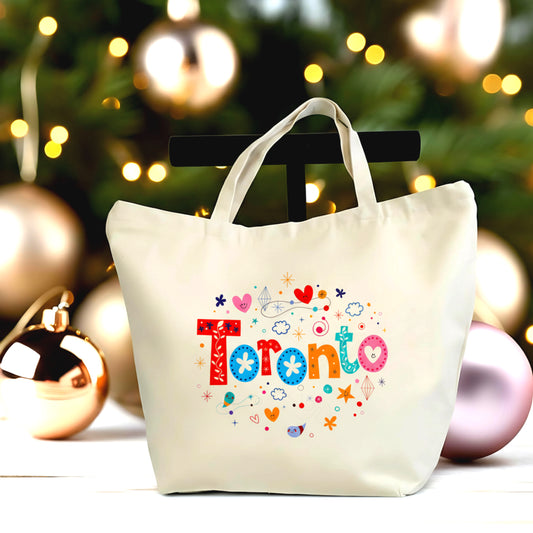 🇨🇦 Toronto Typography Tote Bag – Colorful Canada City Name Tote – Fun Travel Gift – Large Canvas Shopper