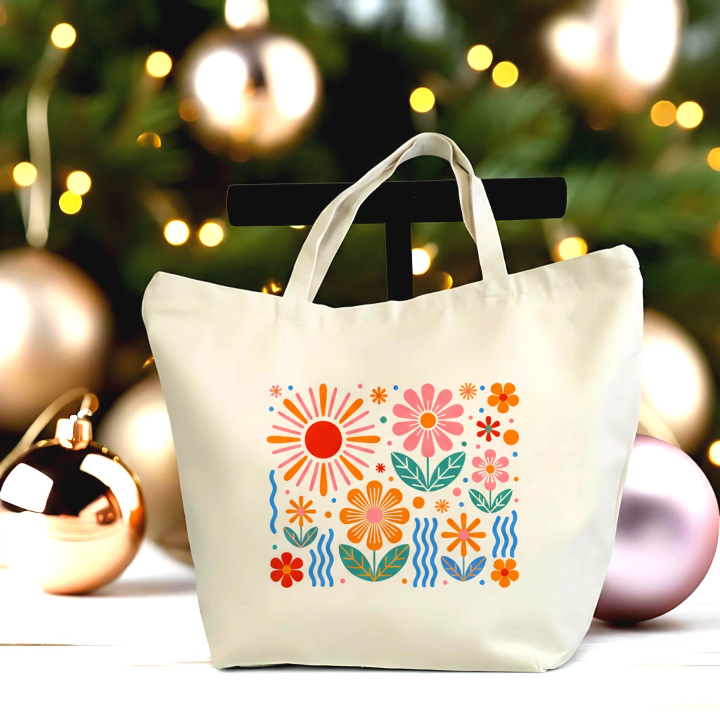 Colorful Floral Tote Bag – Modern Flower Canvas Tote – Large Everyday Shopper – Nature Inspired Gift