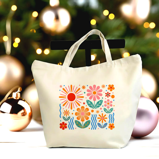 Colorful Floral Tote Bag – Modern Flower Canvas Tote – Large Everyday Shopper – Nature Inspired Gift