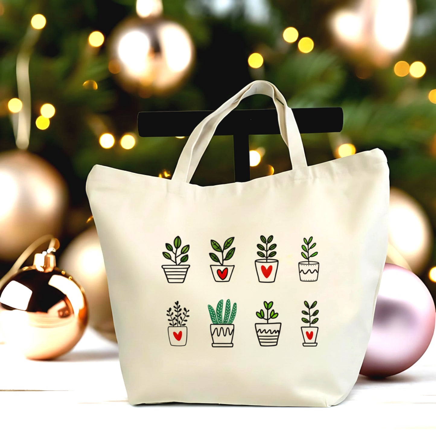 Plant Lover Tote Bag – Cute Potted Plants Canvas Tote – Botanical Large Shopper – Minimalist Nature Bag