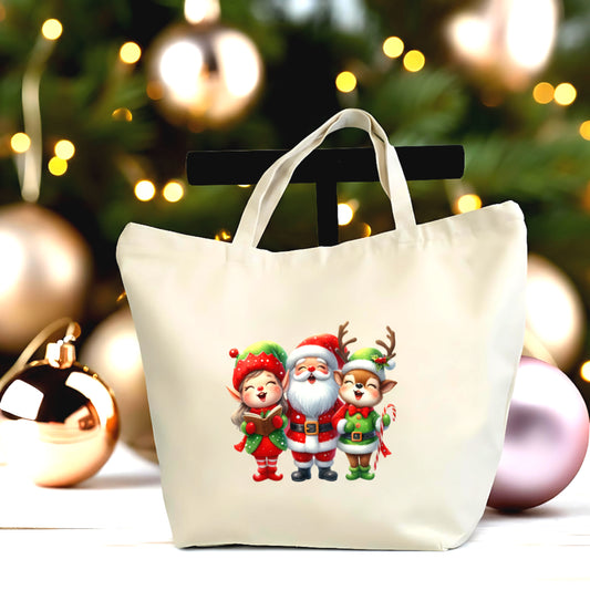 🎄 Santa & Friends Christmas Tote Bag - Cute Christmas Canvas Bag with Zipper