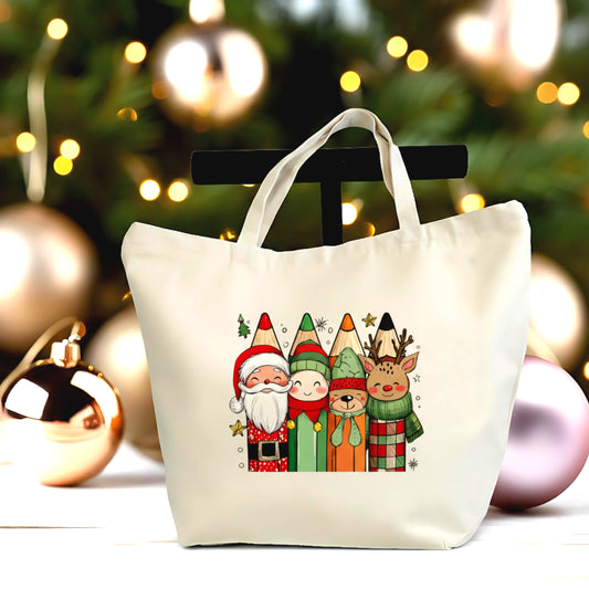 🎄🎁 Santa & Friends Pencil Art Tote – Adorable Christmas Characters on Canvas