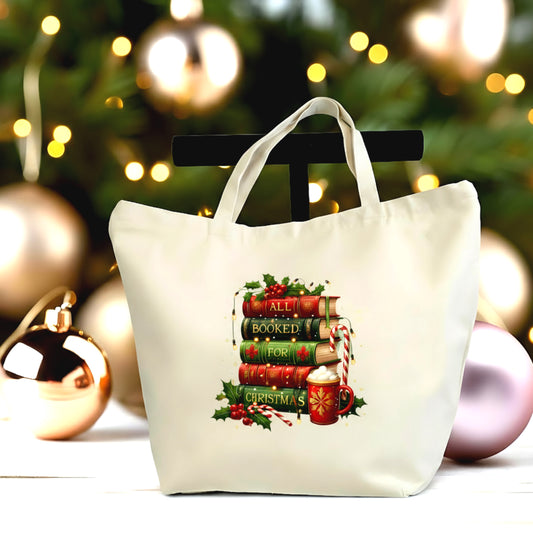 🌟 All Booked for Christmas – Large 12oz Canvas Tote Bag with Zipper