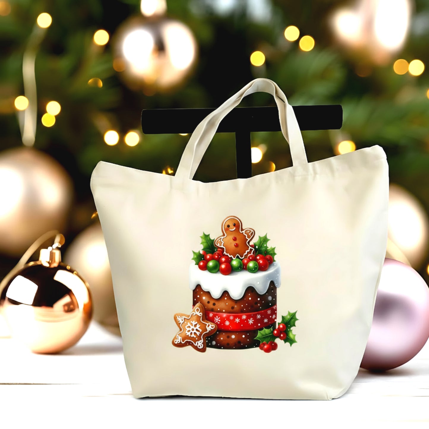🎄🍰 Gingerbread Cake Christmas Tote Bag - Large Eco-Friendly Canvas Gift Bag