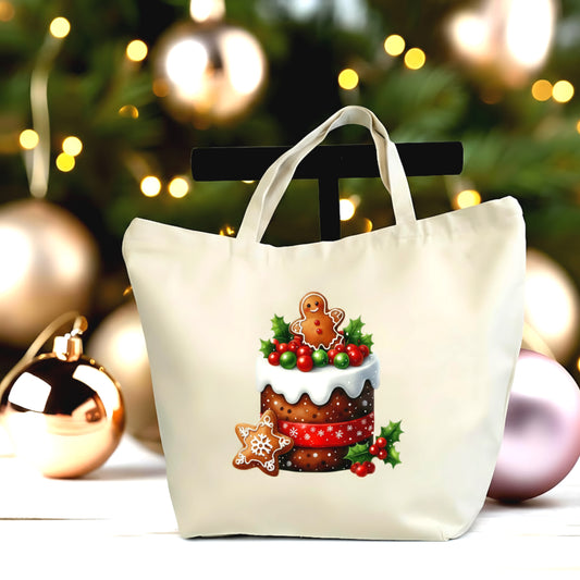 🎄🍰 Gingerbread Cake Christmas Tote Bag - Large Eco-Friendly Canvas Gift Bag
