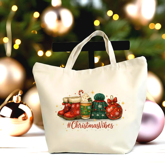 🎄 #ChristmasVibes Holiday Aesthetic Tote Bag - Large Zipper Tote