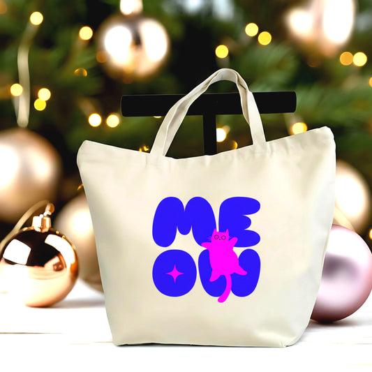 🐾💛 Cute Kitty “MEOW” Canvas Tote – Zippered Eco-Friendly Bag (Copy)