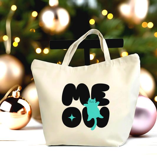 🐾 🎀 Cute Meow Cat Canvas Tote – Zippered Eco-Friendly Bag (Copy)