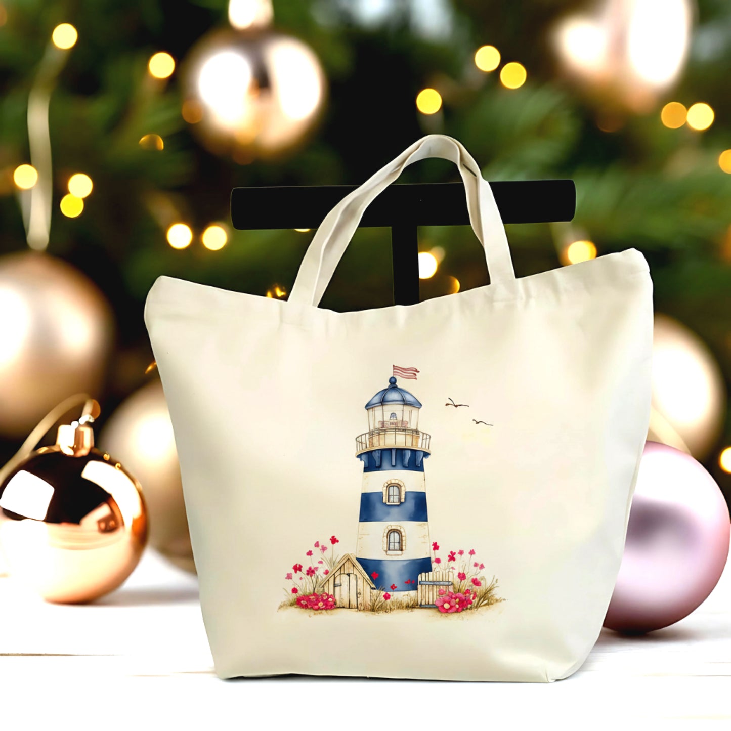 🌊🏠 Blue & White Lighthouse Tote Bag – Large Cotton Canvas with Zipper, Beachy Design