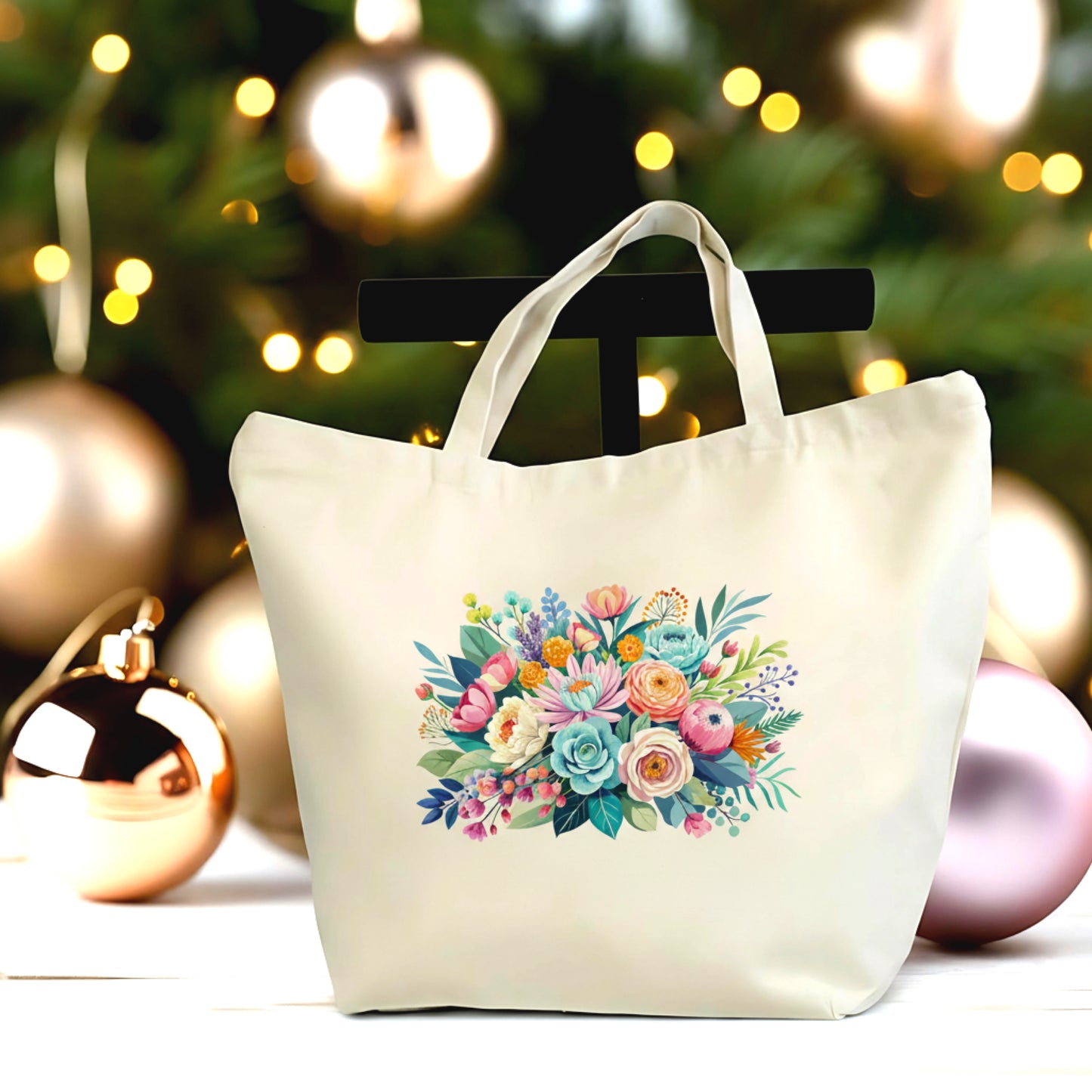 🌸 Pretty Flowers Canvas Tote Bag - Large Reusable Zipper Tote